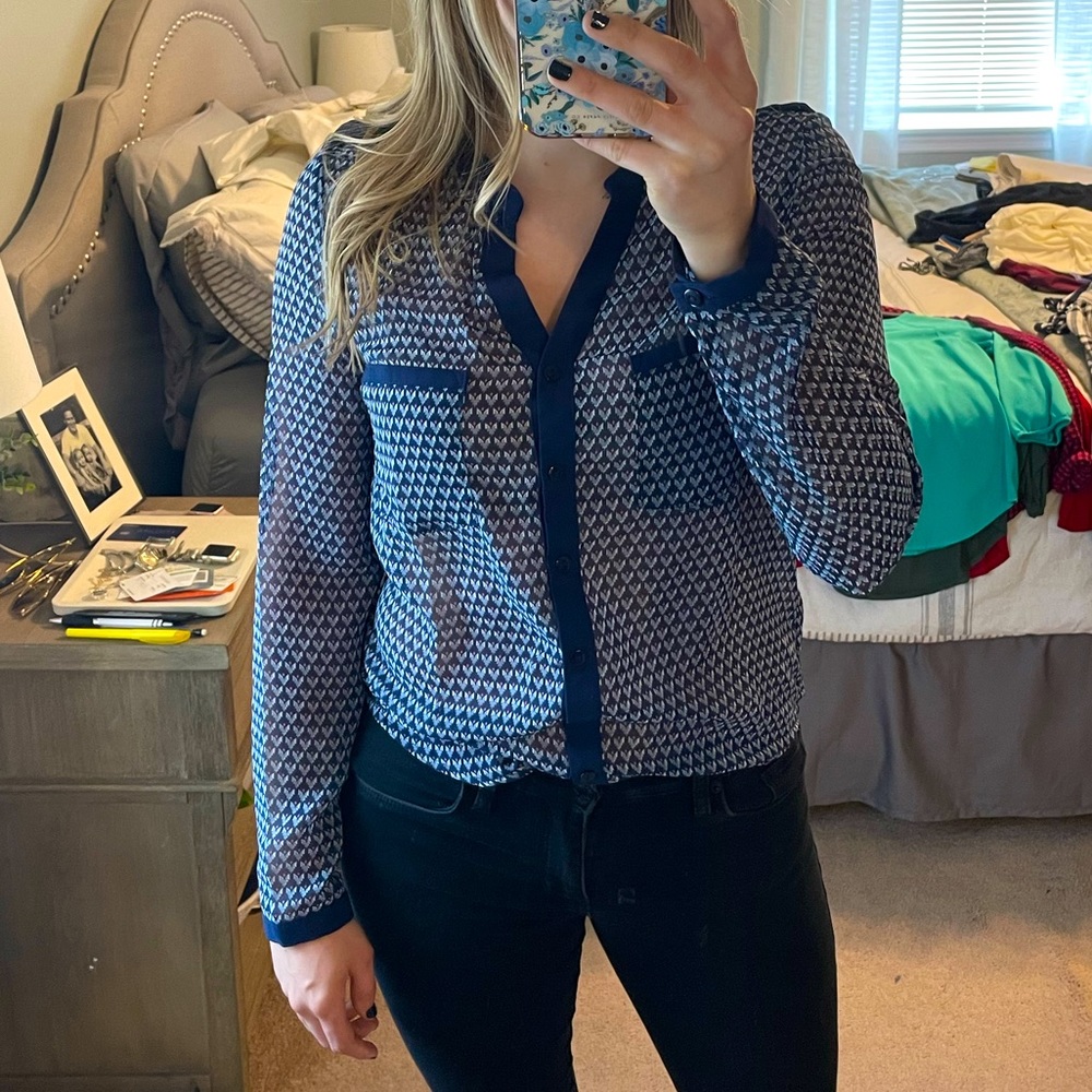 Semi Sheer Printed Button Up Blouse